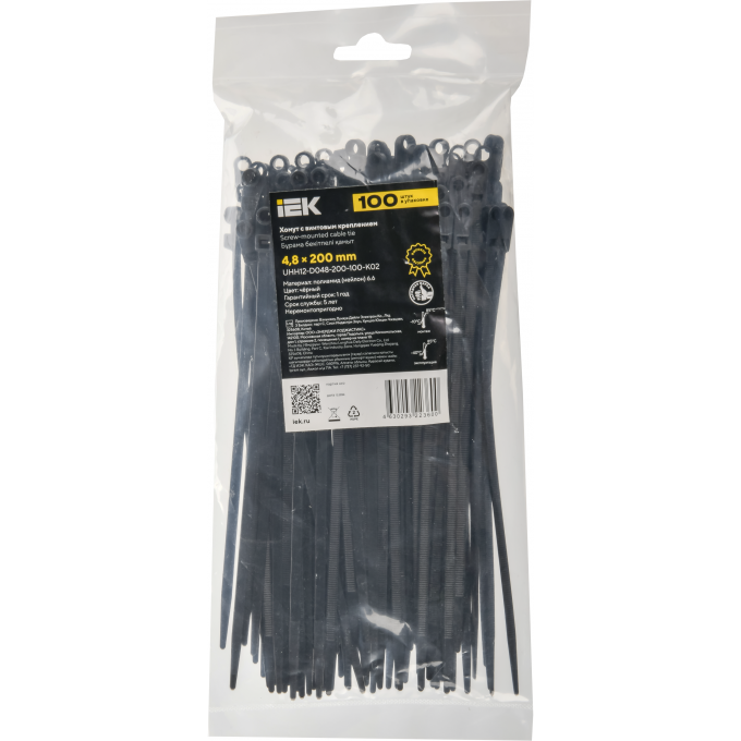 Хомут IEK 4.8х200мм P6.6 с винтовым креплением черный (уп.100шт) UHH12-D048-200-100-K02