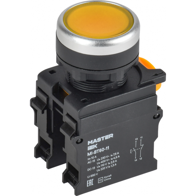 Кнопка IEK MASTER d=22мм 1NO+1NC жёлтая MI-BT60-11-3-22-K05