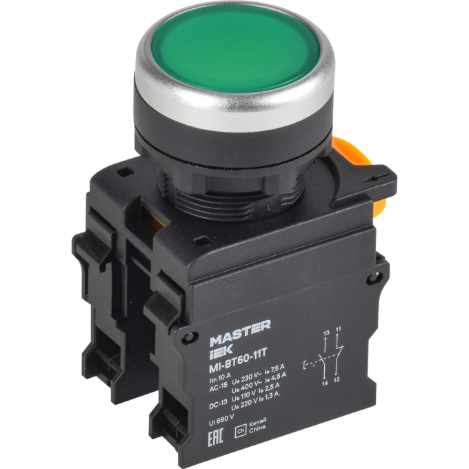 Кнопка с фиксацией IEK MASTER MI-BT60-11T-3-21-K06 d=22мм 1NO+1NC зелёная MI-BT60-11T-33-21-K06