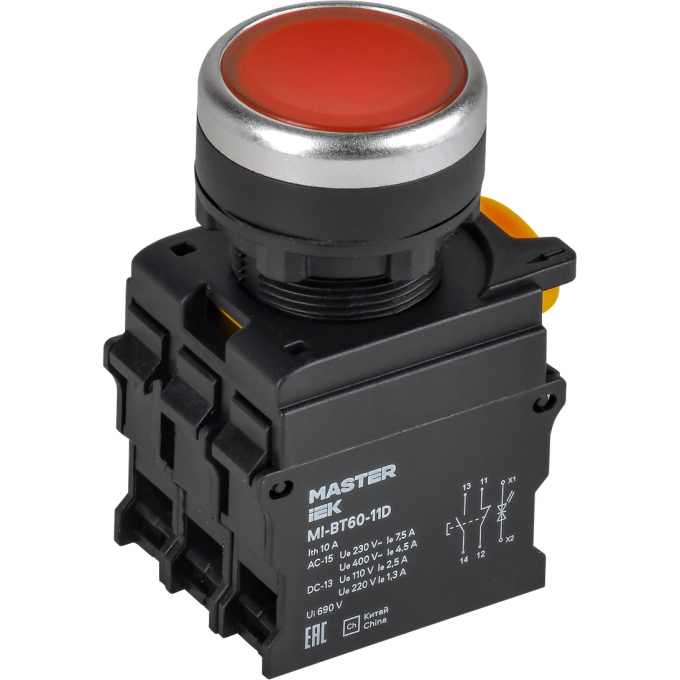 Кнопка с подсветкой IEK MASTER MI-BT60-11D-3-12-K04 d=22мм 1NO+1NC красная MI-BT60-11D-3-12-K004