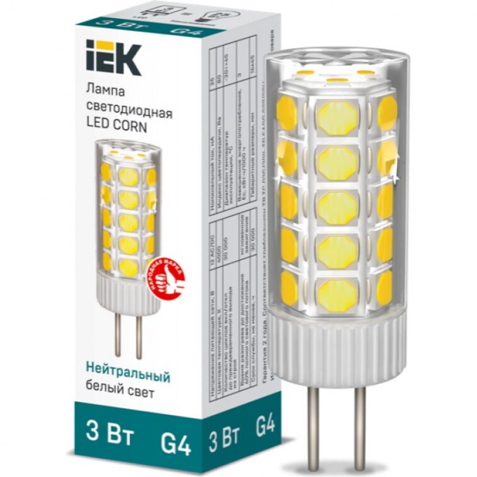 Лампа светодиодная IEK CORN капсула 3Вт 12В 4000К керамика G4 - LLE-CORN-3-012-40-G4 Лампа светодиодная IEK CORN капсула 3Вт 12В 4000К керамика G4 - LLE-CORN-3-012-40-G4