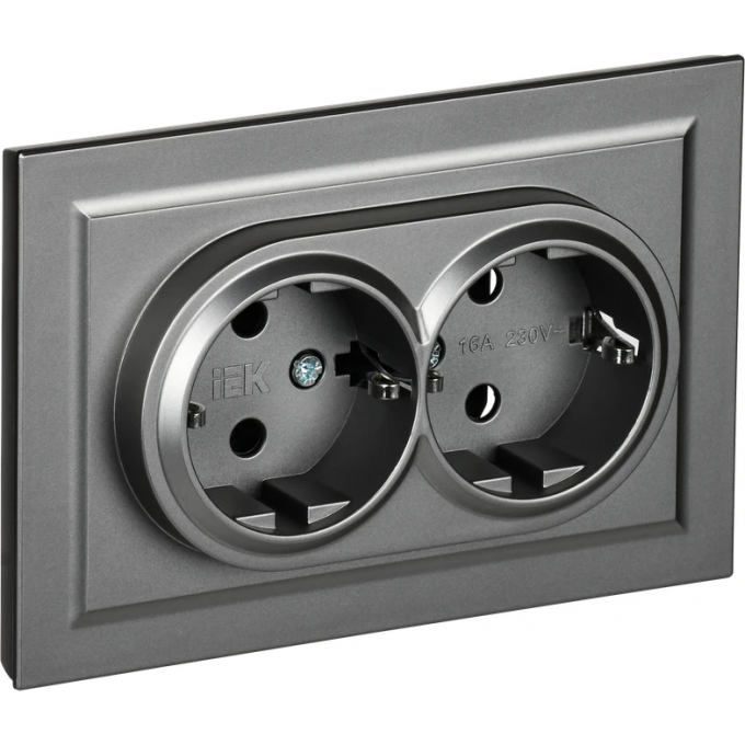 Розетка 2-местная с заземлением без защитных шторок 16А в сборе IEK BRITE РС12-3-БрС сталь - BR-R21-16-K46-F