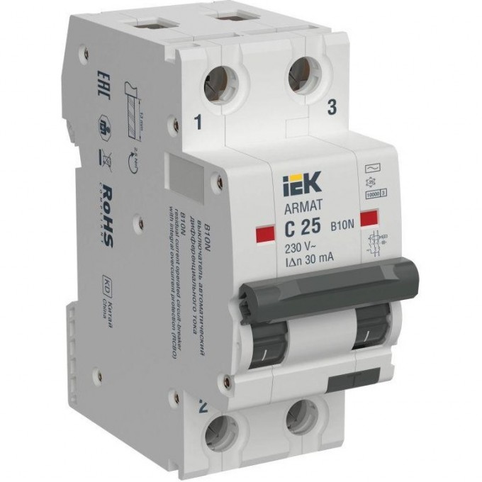Выключатель автоматический дифференциального тока IEK ARMAT B10N 2P C25 30мА тип AC AR-B10N-2-C025C030